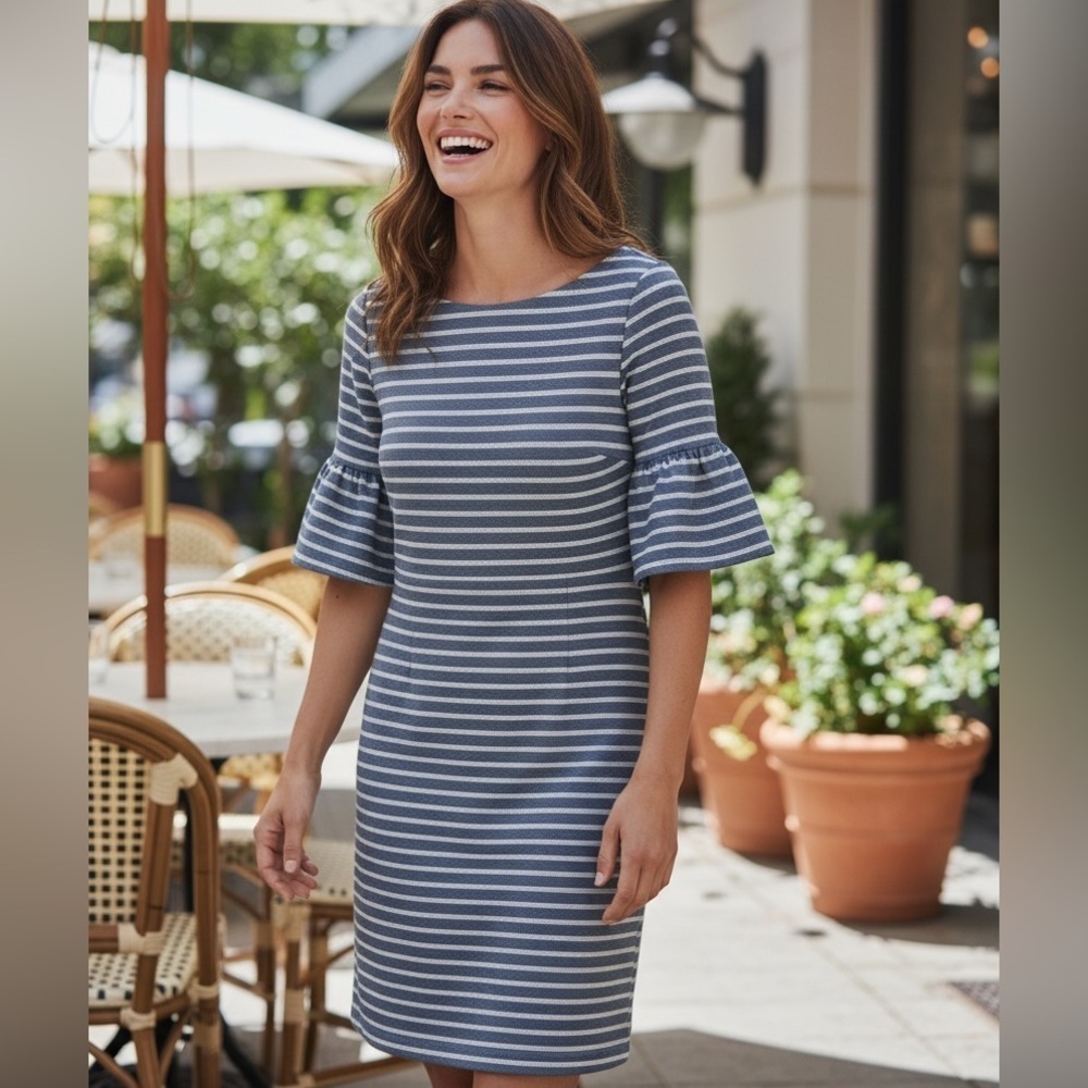 Ivanka Trump Navy and White Striped Midi Dress